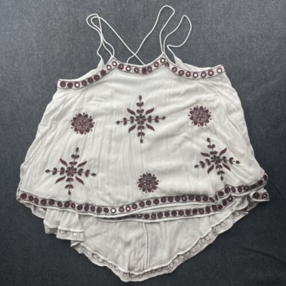 Free People Womens Large. White with mauve embroidery, & beading.